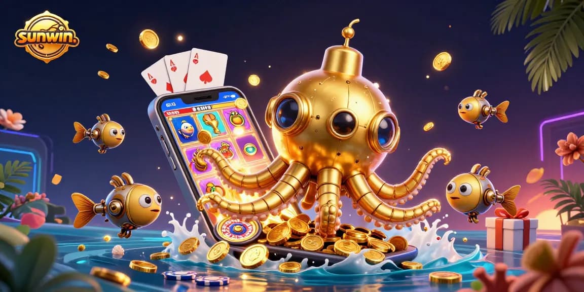 Experience excitement with sunwin. in this vibrant 3D illustration showcasing a golden kraken and vibrant casino elements.