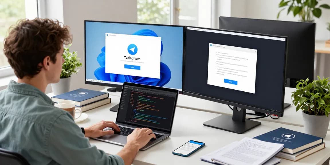Experience seamless Telegram Download in a modern tech workspace featuring dual monitors and coding.