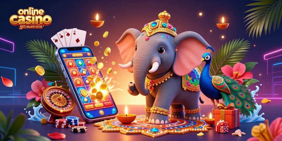 Play exciting online casino games Australia featuring vibrant slot games, card games, and colorful characters.