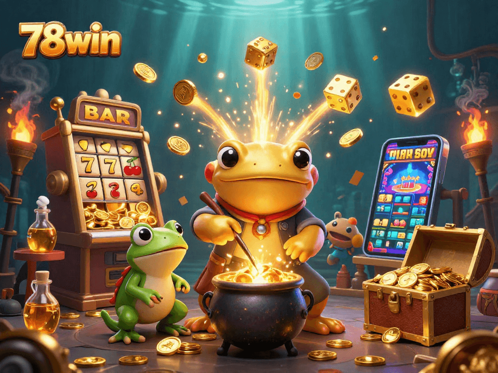 Experience the vibrant casino energy with 78win's stunning 3D scene of gold transformation and jackpot celebration.