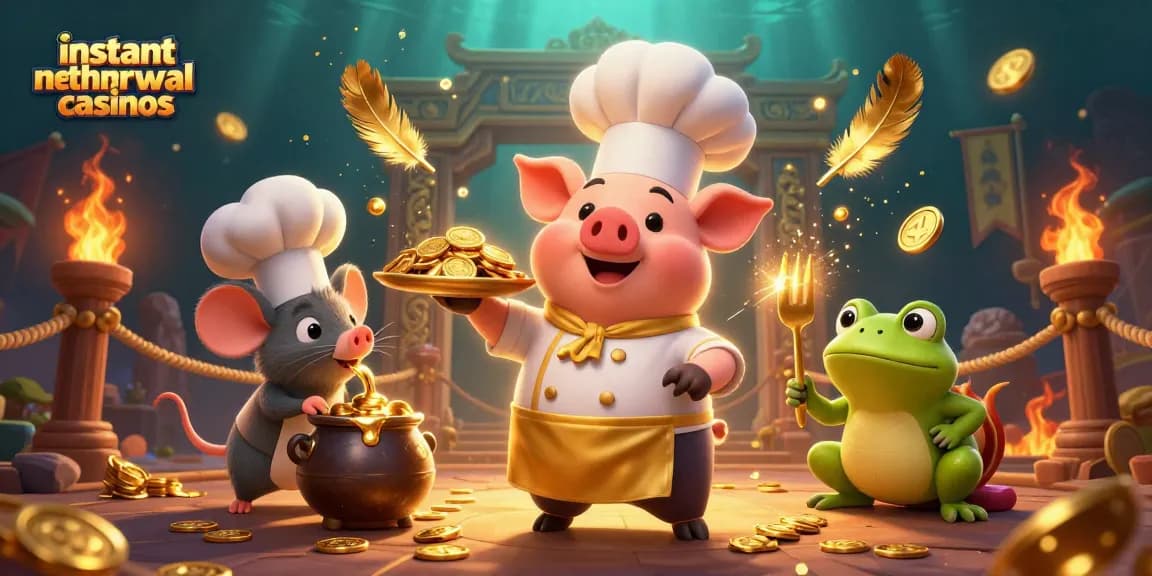 Experience instant withdrawal casinos with a chef pig serving gold coins, surrounded by dynamic gaming elements.