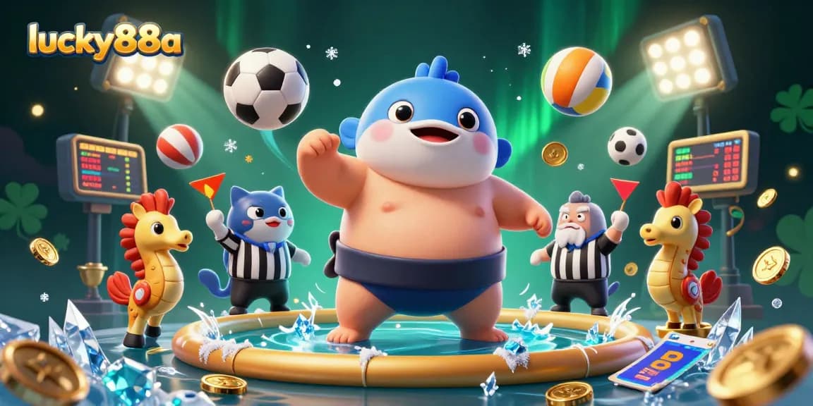 Immerse in lucky88a's vibrant gaming scene with a dynamic underwater illustration featuring a fugu, referee, and sports elements.