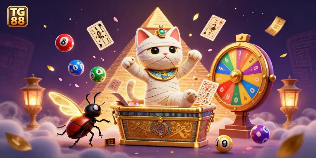 Experience thrilling adventures with TG 88 in this vibrant casino-themed illustration featuring an Egyptian mummy cat.