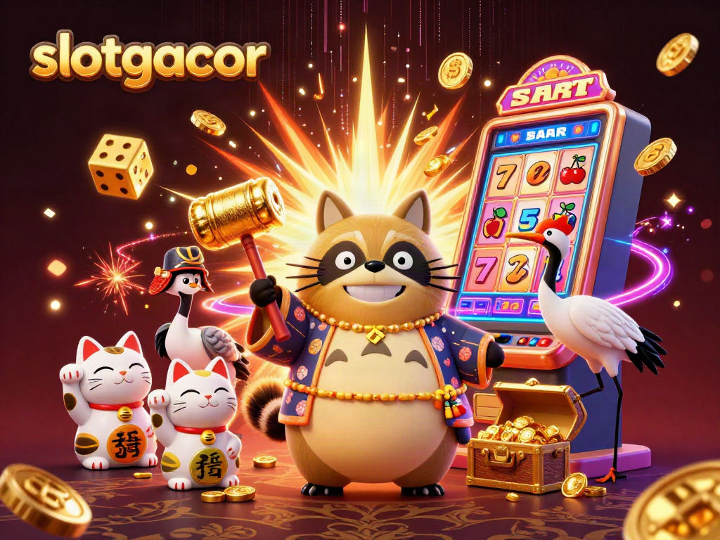 Experience slotgacor with a vibrant scene of joyful characters and dynamic casino elements.