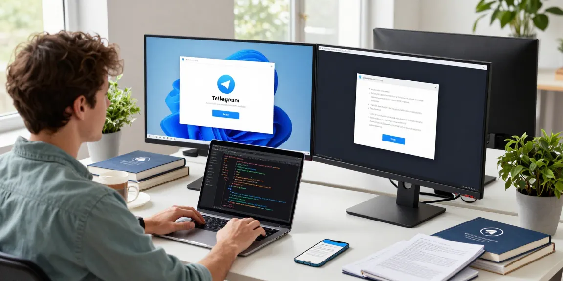 Experience seamless Telegram Download in a modern tech workspace featuring dual monitors and coding.