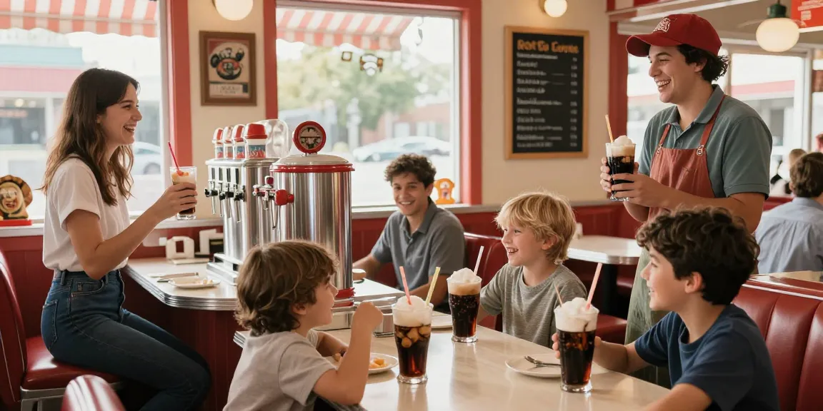 Delightful scene featuring children and adults enjoying root beer floats at a retro diner.