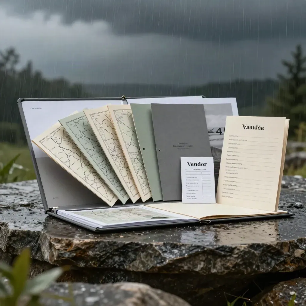 Open Canadian market starter kit folio with sector folders, map sheets, vendor deck and checklist on stone.
