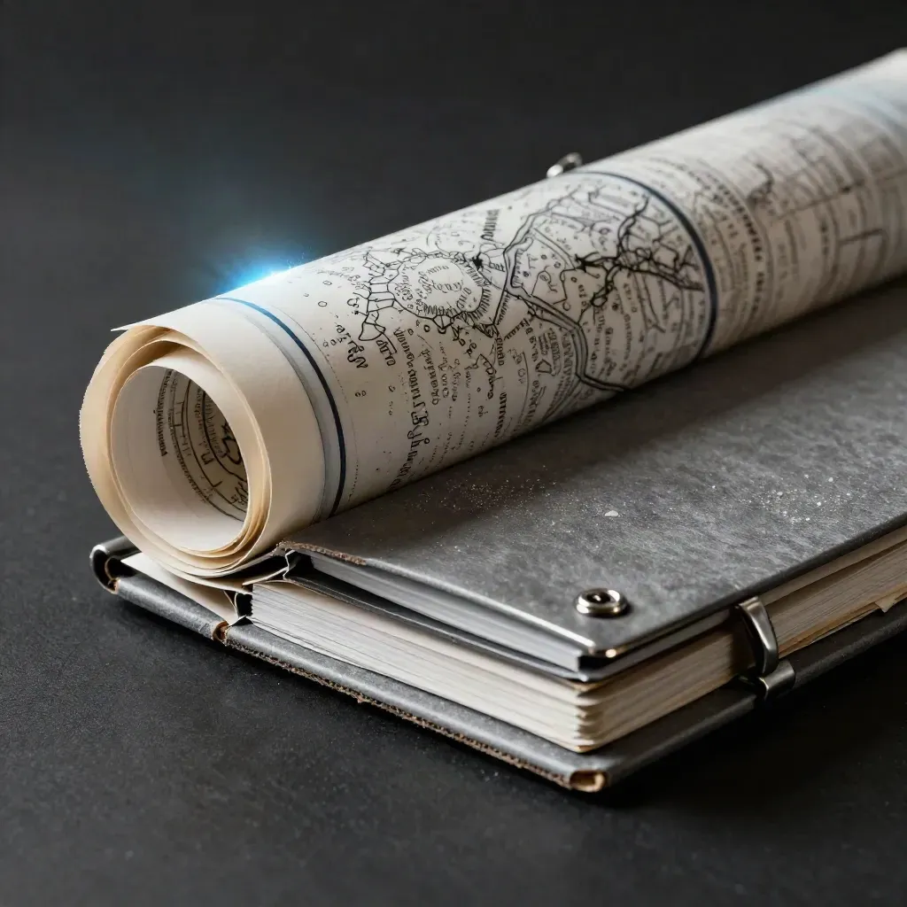 Macro of a trend-pack sleeve mid-reveal with a rolled map, metal clip, and matte notebook.