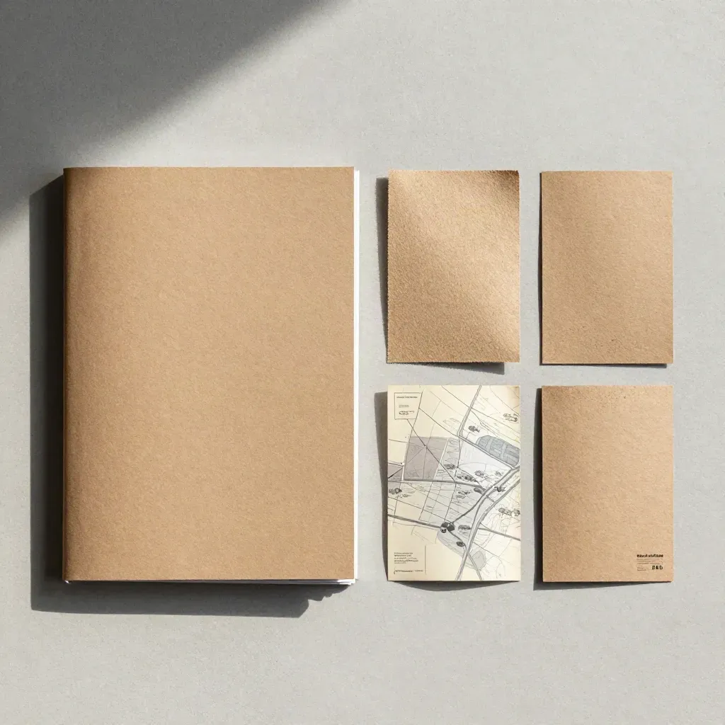 Overhead flatlay of a prairie market guide, folded map, seed sample and kraft card on concrete.