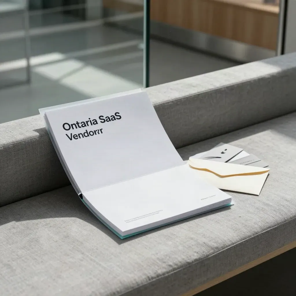 Open vendor dossier sleeve with companion cards and sealed envelope on ash linen in soft daylight.