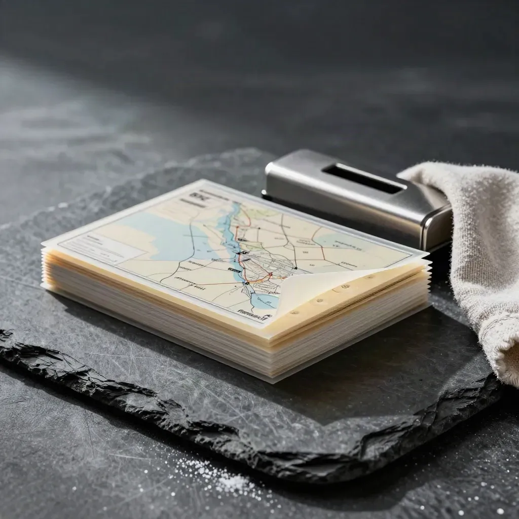 Laminated BC Food Processor Map folio with tabs, paperweight, and cloth on charcoal stone.