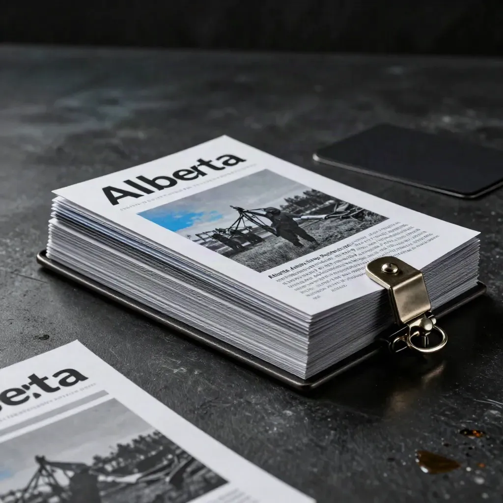 Open charcoal buyer-list folio with metal clasp on matte-black steel, seen from a low diagonal angle.