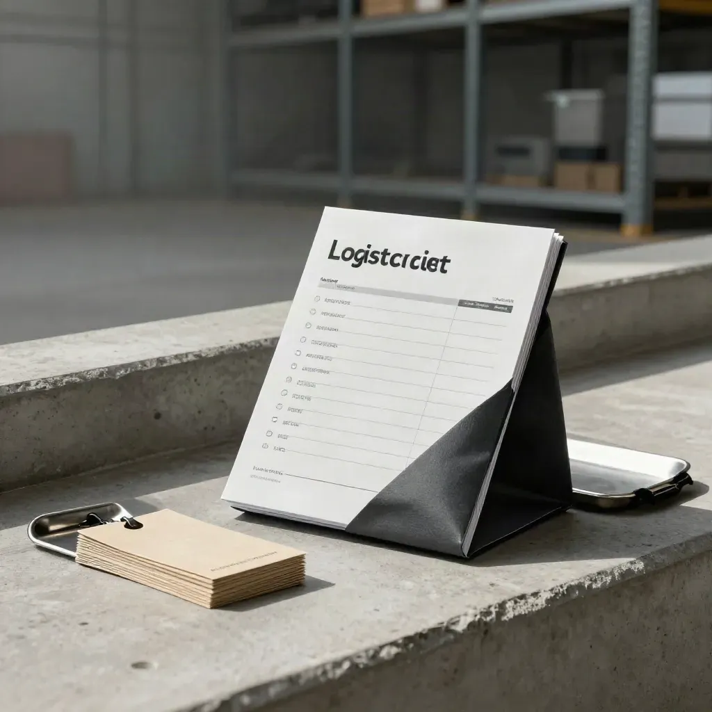Logistics checklist pack half-pulled from cloth beside route tags and steel tray in warehouse light