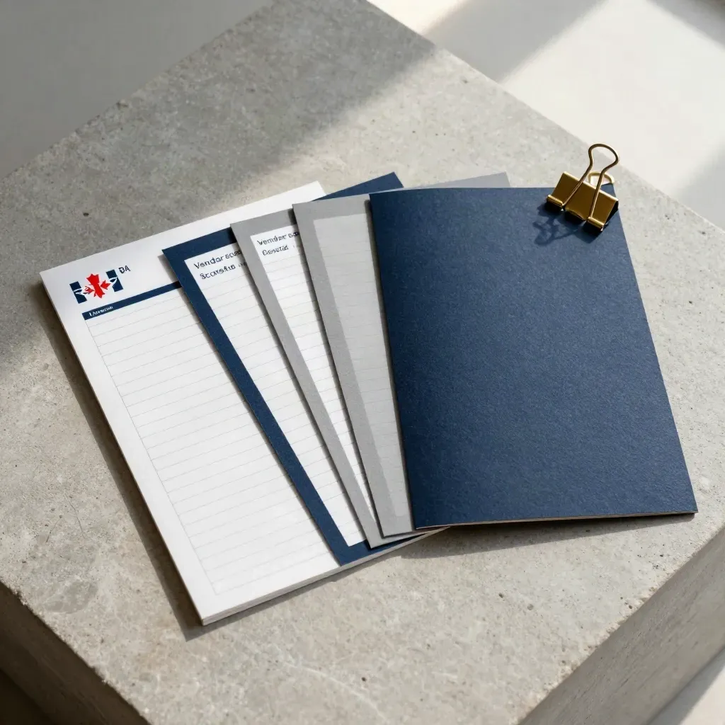 Overhead flatlay of navy scorecard cards, foldout sleeve and brass clip on pale stone.