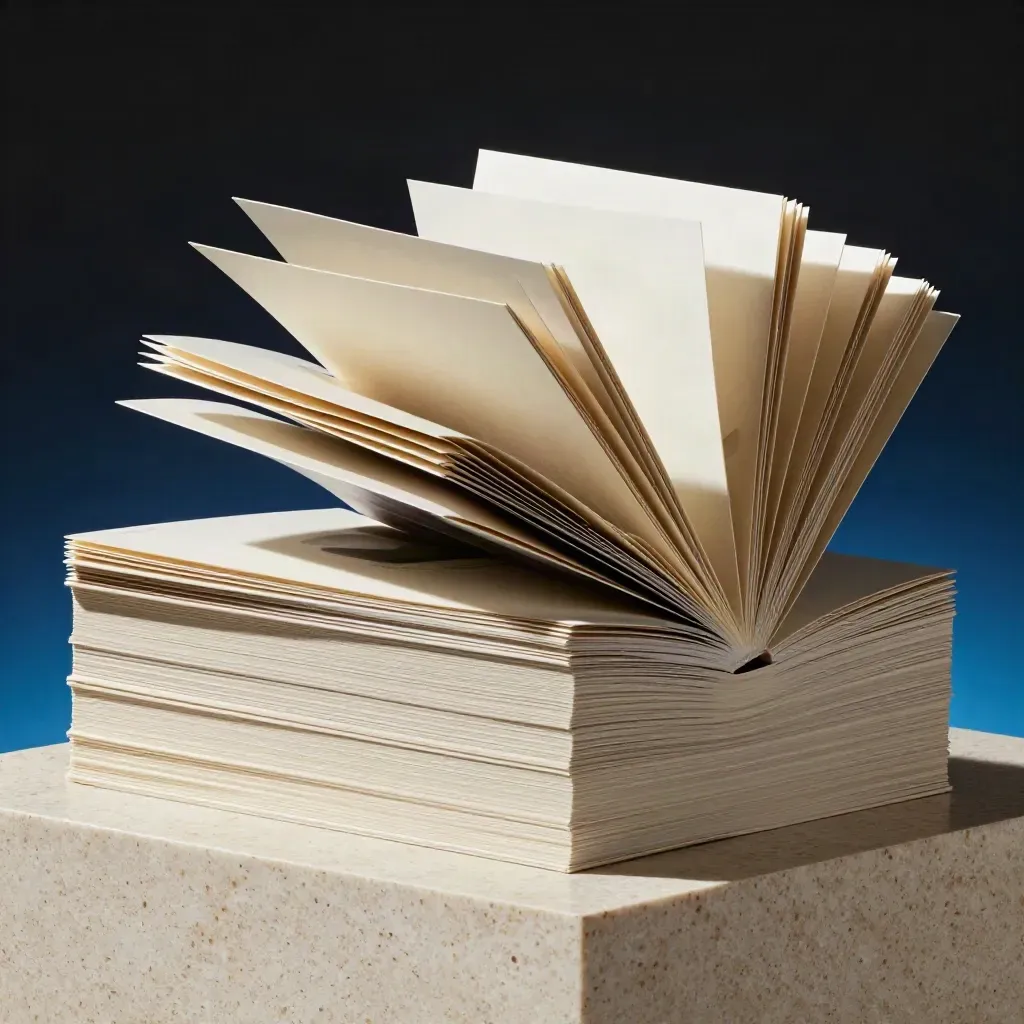 Low-angle bundle of Ontario buyer guides bursting open on travertine with blue glow.