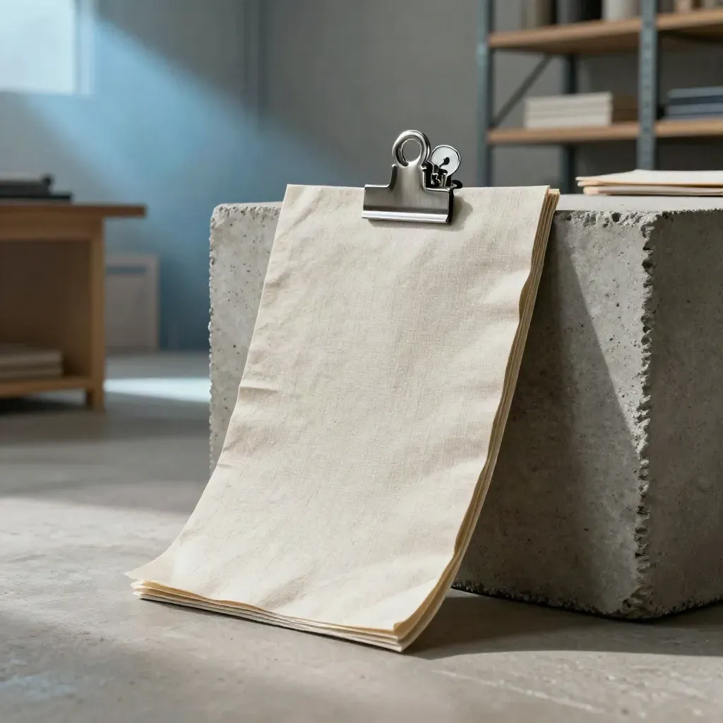 Recycled paper report sleeve with linen wrap, aluminum clip, and concrete block in a workshop