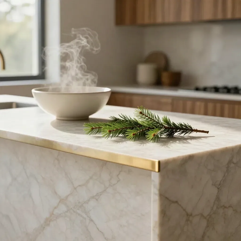 Marble kitchen counter with ceramic bowl, cedar sprig and brass edge in soft morning light.