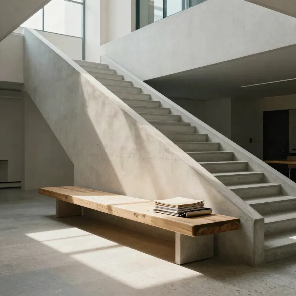 Sunlit concrete atrium stair with oak bench and long shadows in a calm architectural interior.