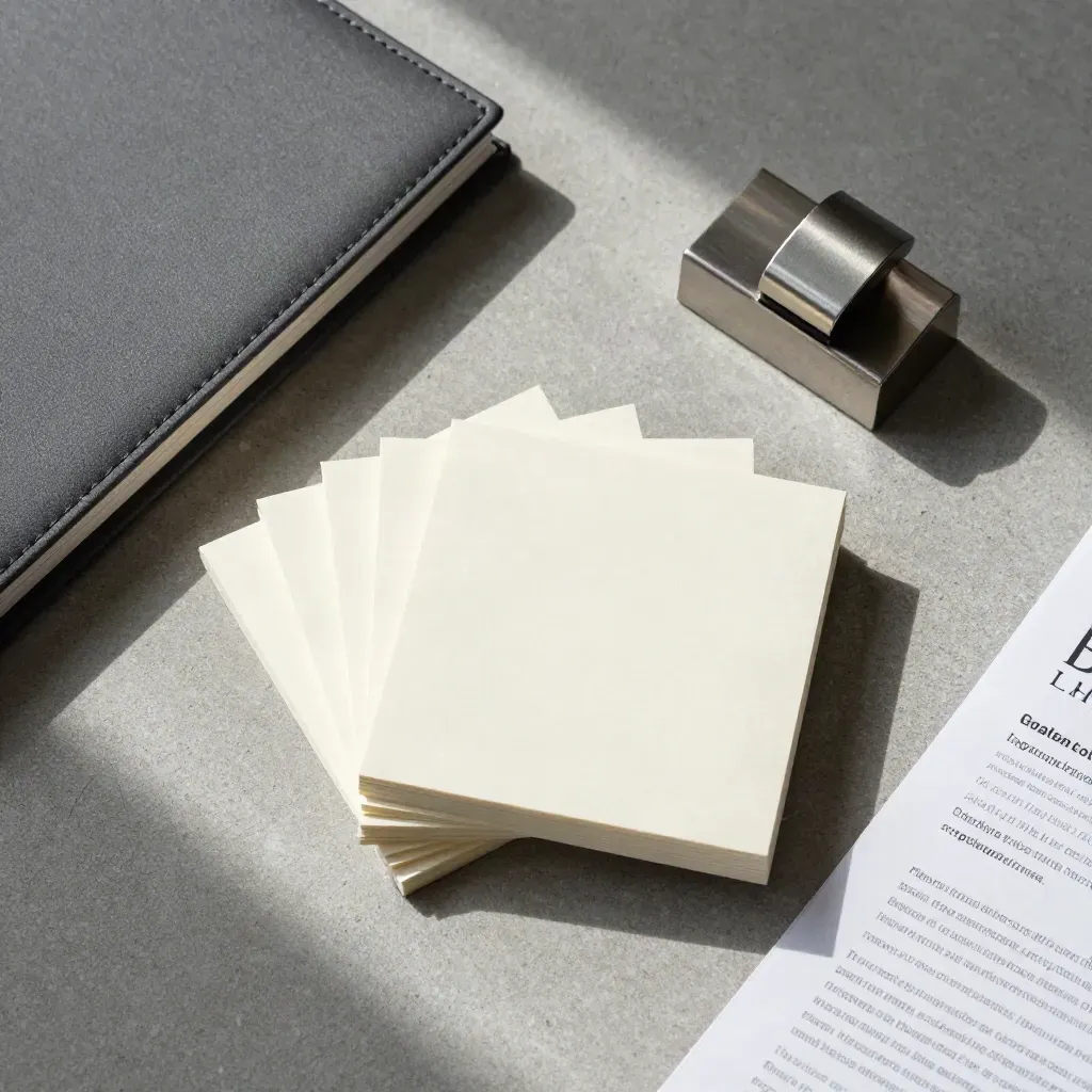 Overhead flatlay of startup investor notes, binder, dividers and a metal paperweight on concrete.