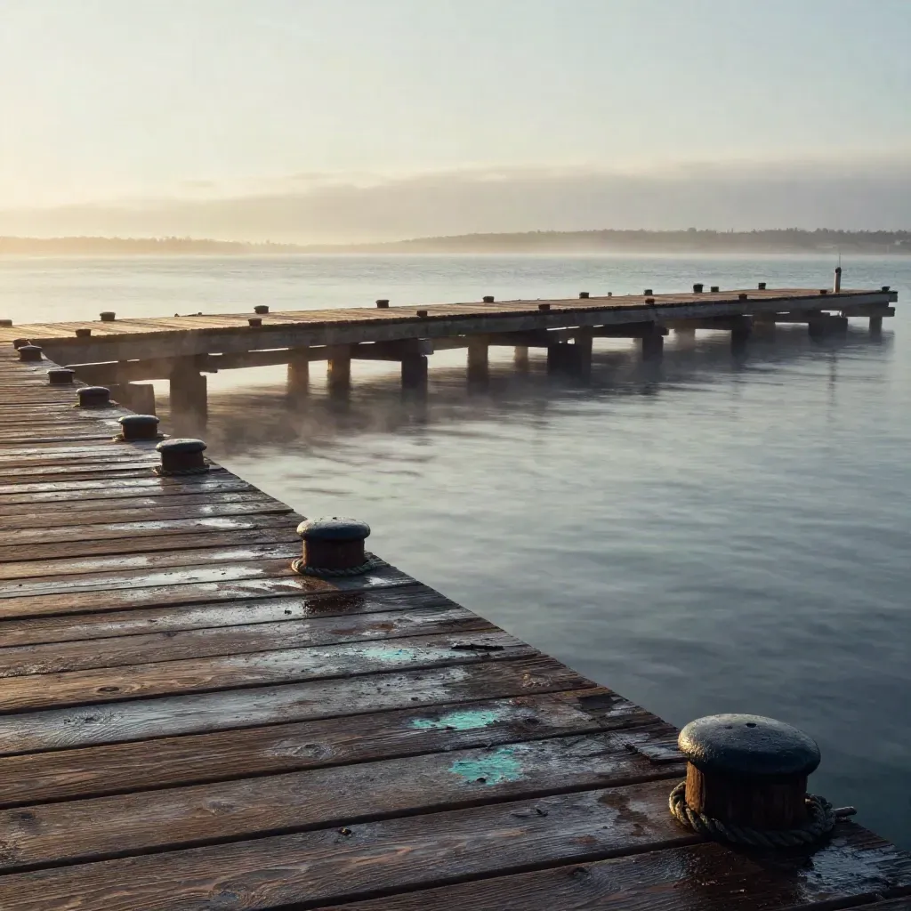 Weathered harbor boardwalk in sunrise fog with skyline and calm copy space