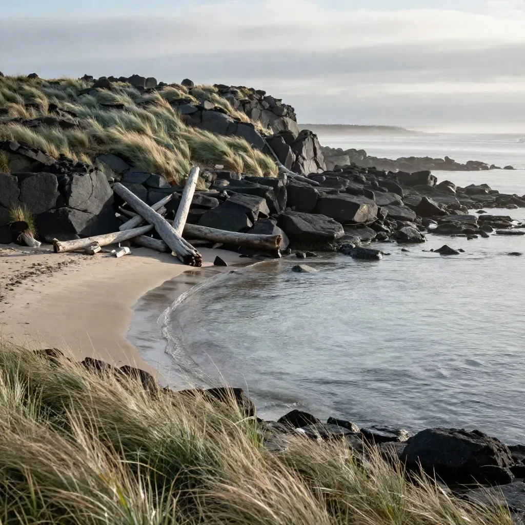 Basalt shoreline with wind-tossed grass, driftwood, and calm tideflat under low clouds.
