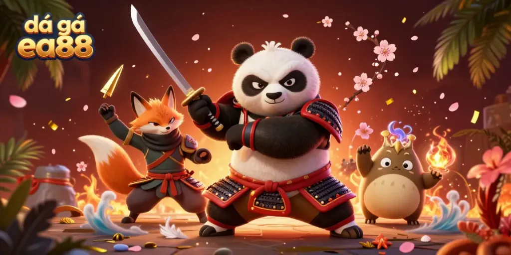Experience thrilling đá gà ea88 action with samurai panda, ninja fox, and spirit tanuki in an exhilarating scene.