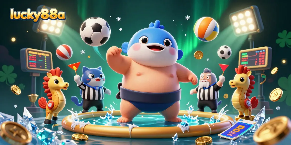 Immerse in lucky88a's vibrant gaming scene with a dynamic underwater illustration featuring a fugu, referee, and sports elements.