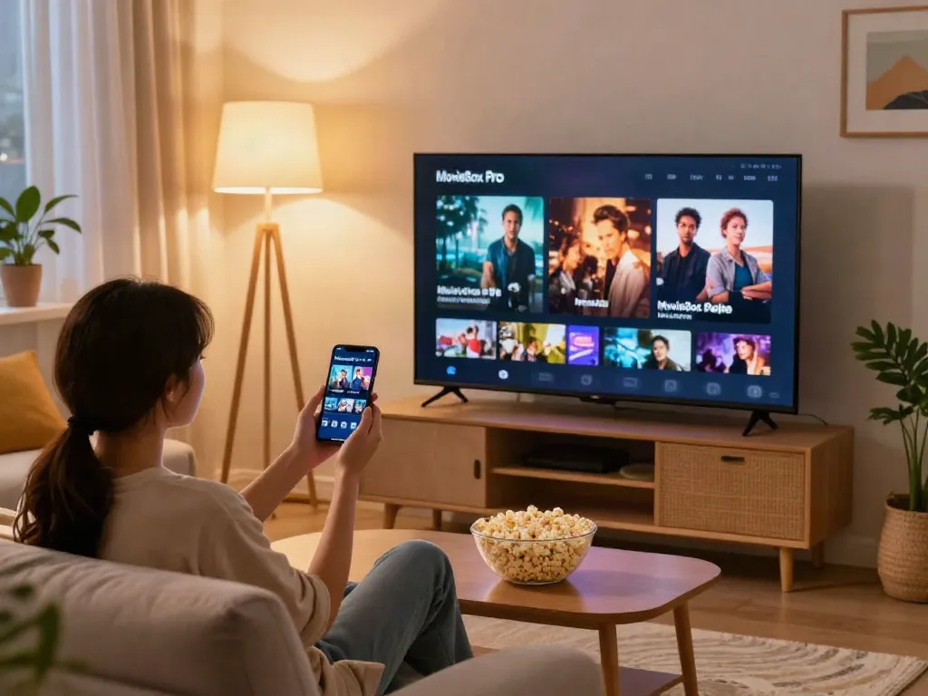 Couple enjoying movie night with MovieBox Pro APK on TV in cozy living room.