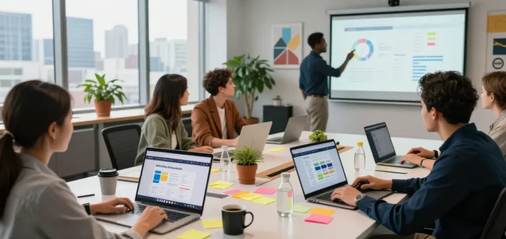 Team collaborating on the WPS Official Website in a modern office workspace.